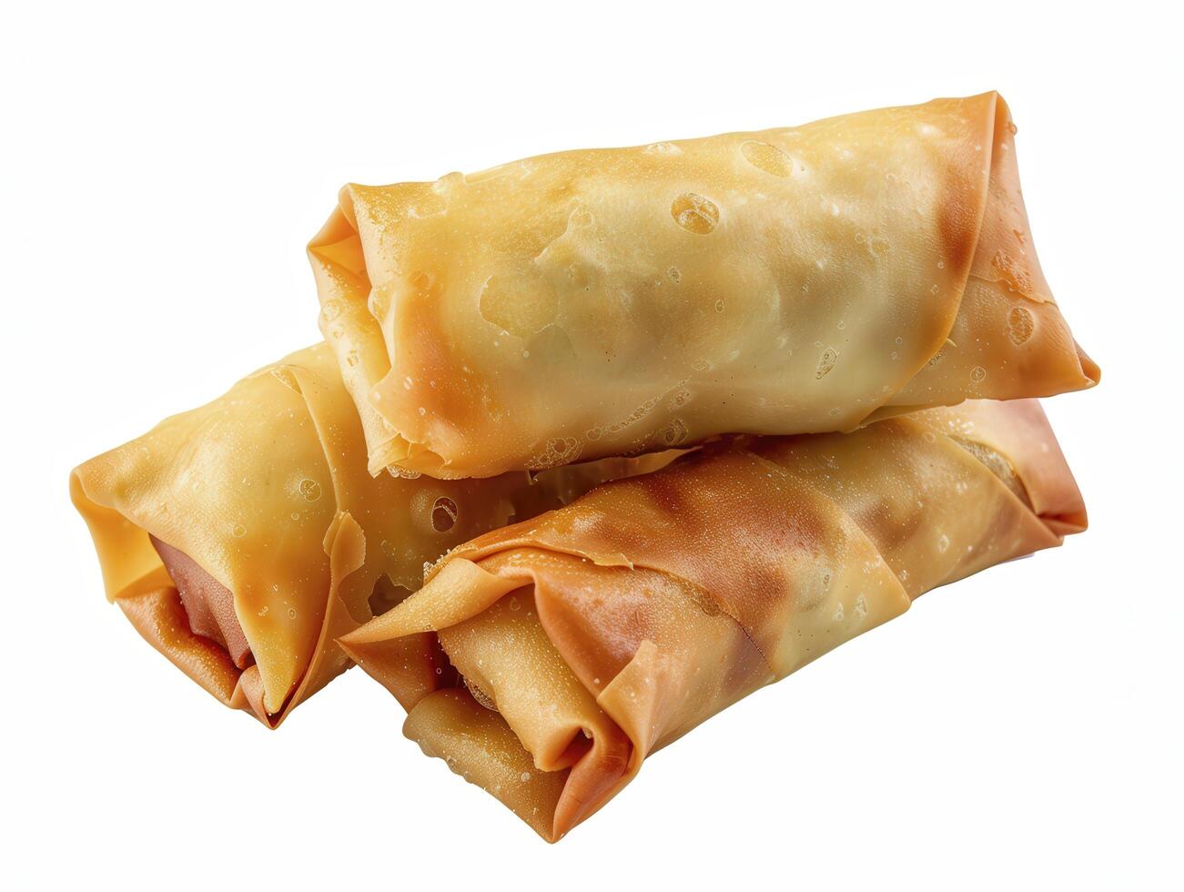 Three delicious, crispy spring rolls stacked together on a white background, perfect for food and culinary themes. photo