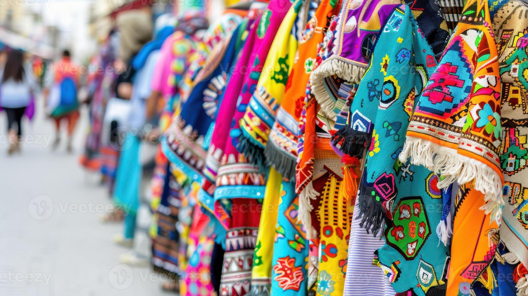 Colorful traditional garments displayed in a busy street market, showcasing intricate designs and vibrant patterns. photo