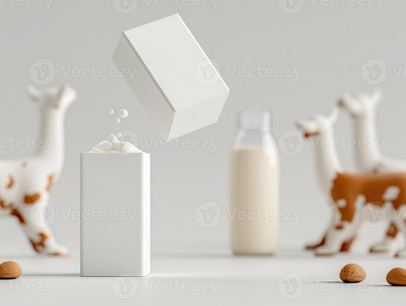 Minimalistic composition featuring a floating milk carton, almond nuts, and toy cows in the background, perfect for dairy and nut milk themes. photo