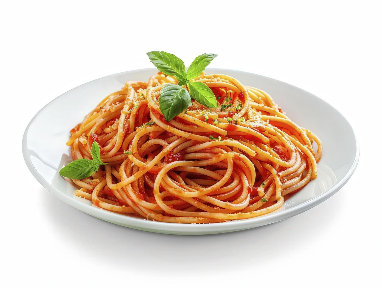 Delicious spaghetti pasta with tomato sauce and fresh basil leaves on a white plate, isolated on a white background. Perfect for Italian cuisine lovers. photo