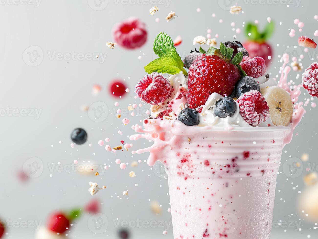 Refreshing berry smoothie with strawberries, raspberries, and blueberries, garnished with mint leaves, capturing vibrant splashes and fresh fruits. photo