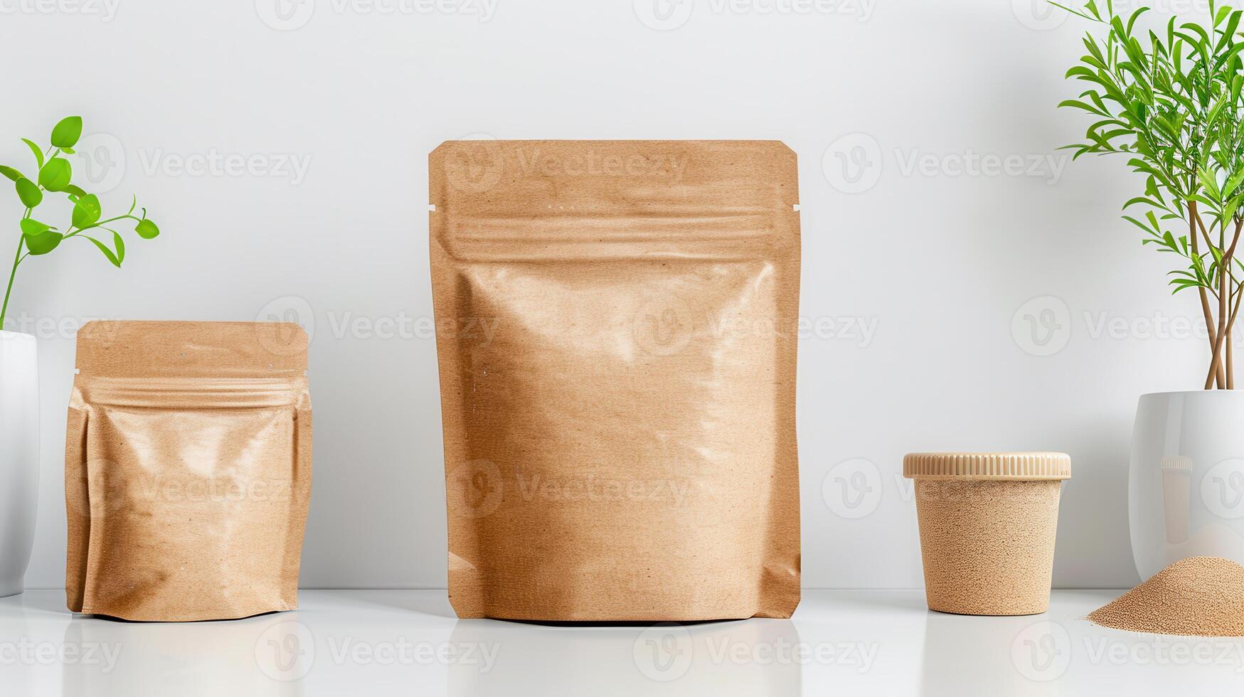 Eco-friendly kraft paper packaging and containers with potted plants, ideal for organic products and sustainable branding. photo