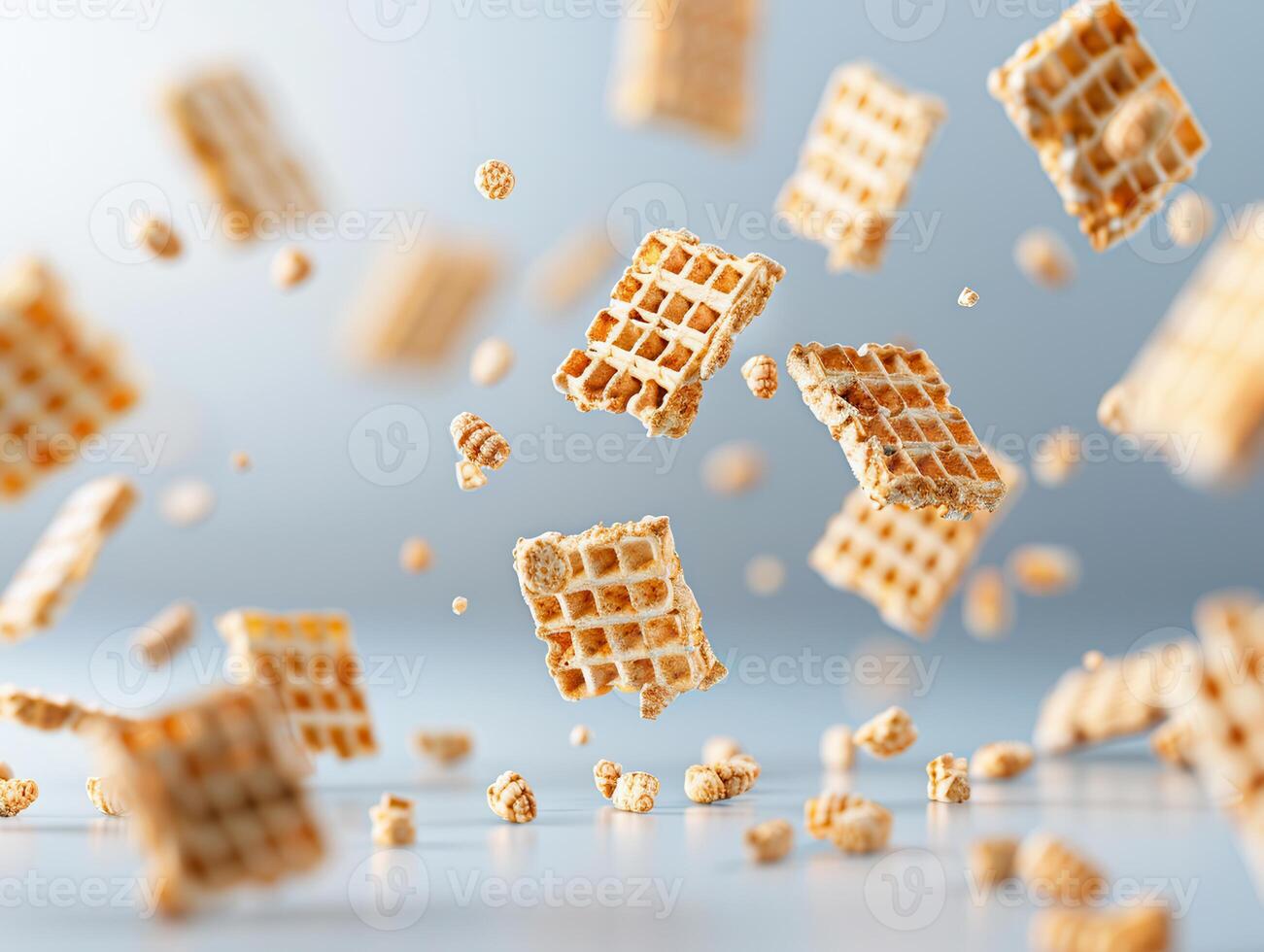 Flying cereal squares in mid-air on a light background, capturing a dynamic breakfast scene full of motion and crunch. photo