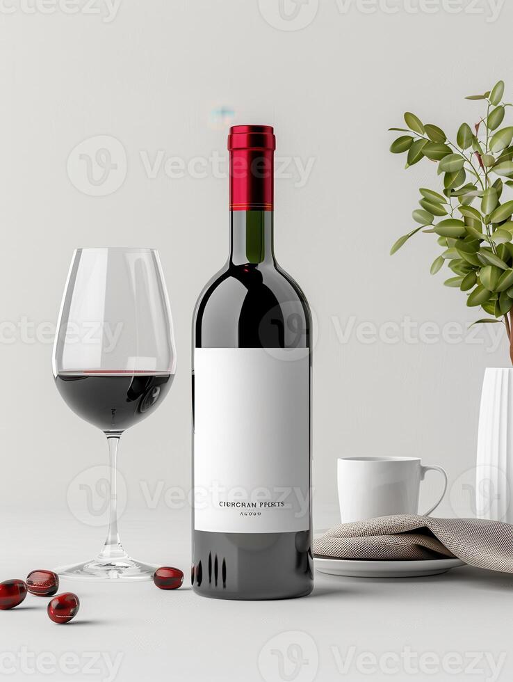 Elegant wine bottle with a glass of red wine, grapes, and green plant on a minimalist background. Perfect for food and beverage themes. photo