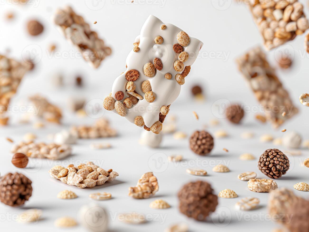 Close-up of floating granola bars with nuts and cereal against a white background, showcasing healthy snack choices. photo