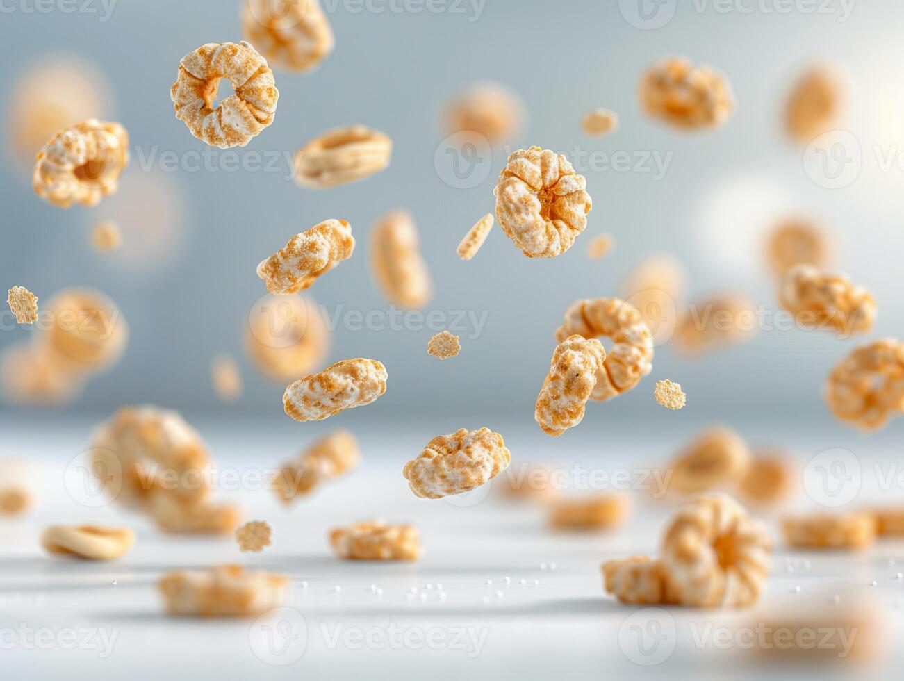 Close-up shot of cereal loops flying in the air. Focus on the texture and details with a soft blue background. Perfect for breakfast food themes. photo