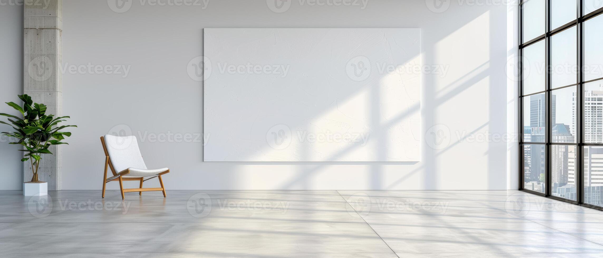 Bright minimalist room with large windows, an empty canvas on the wall, and a wooden chair next to a potted plant. photo