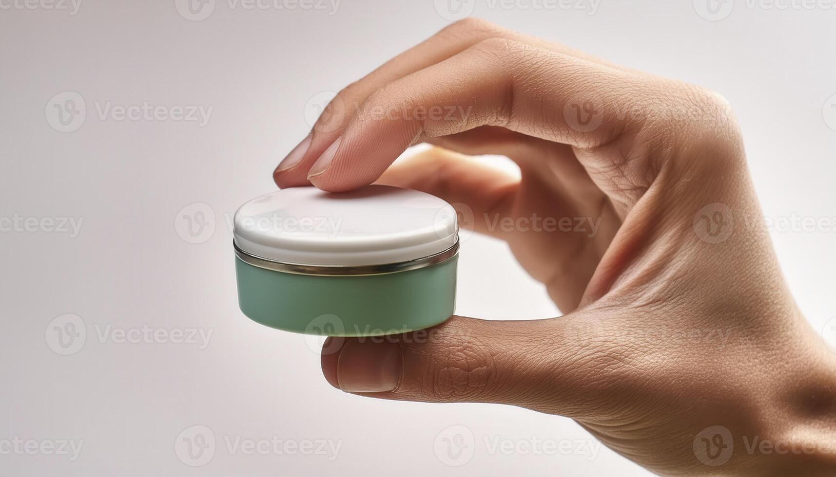 Hand holding a small container with a white lid, perfect for cosmetic products like face cream or lotion. Minimalist and clean design. photo