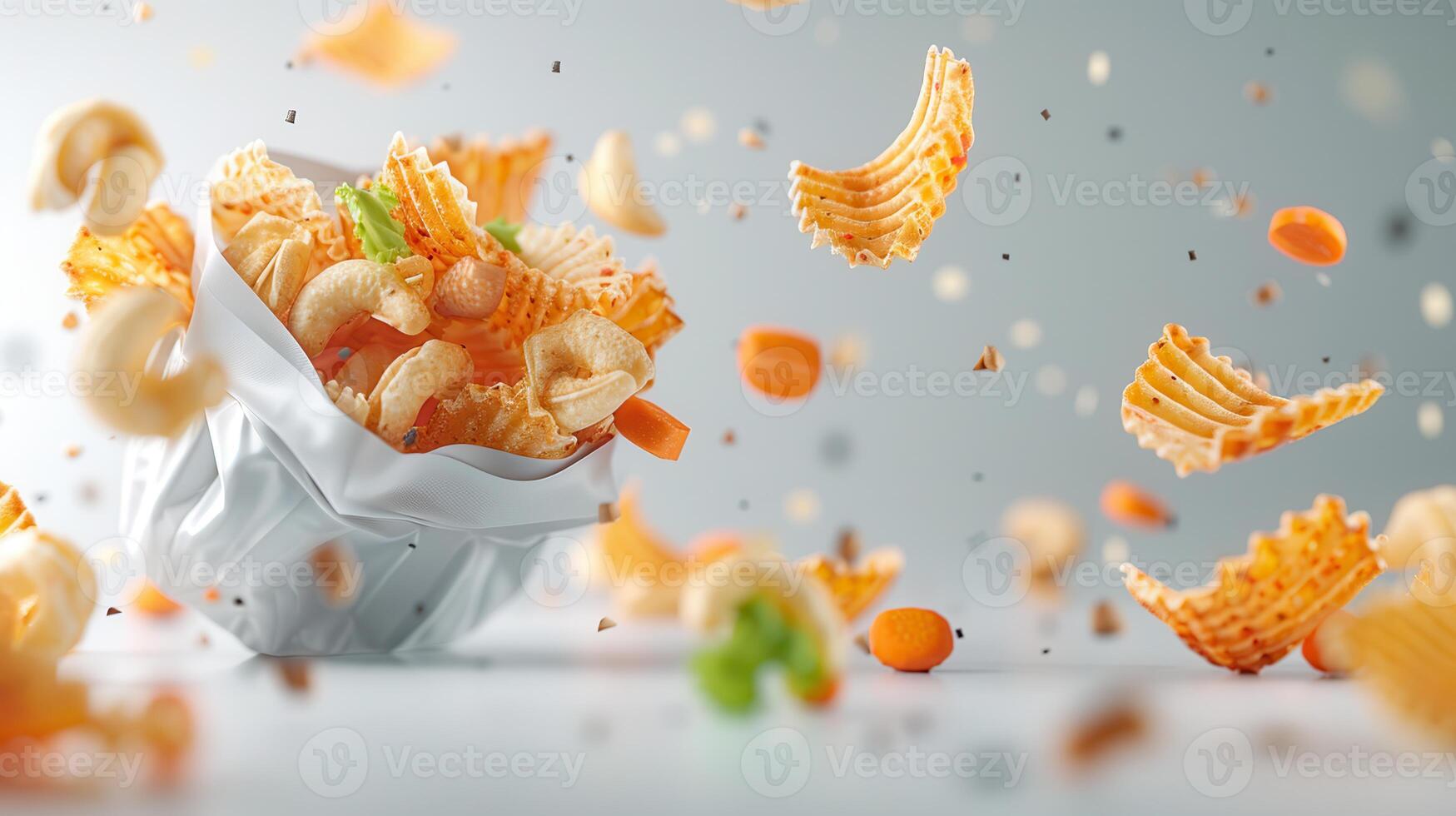 Crispy potato chips and nuts in motion, captured in mid-air against a soft background, creating a dynamic and appetizing snack scene. photo