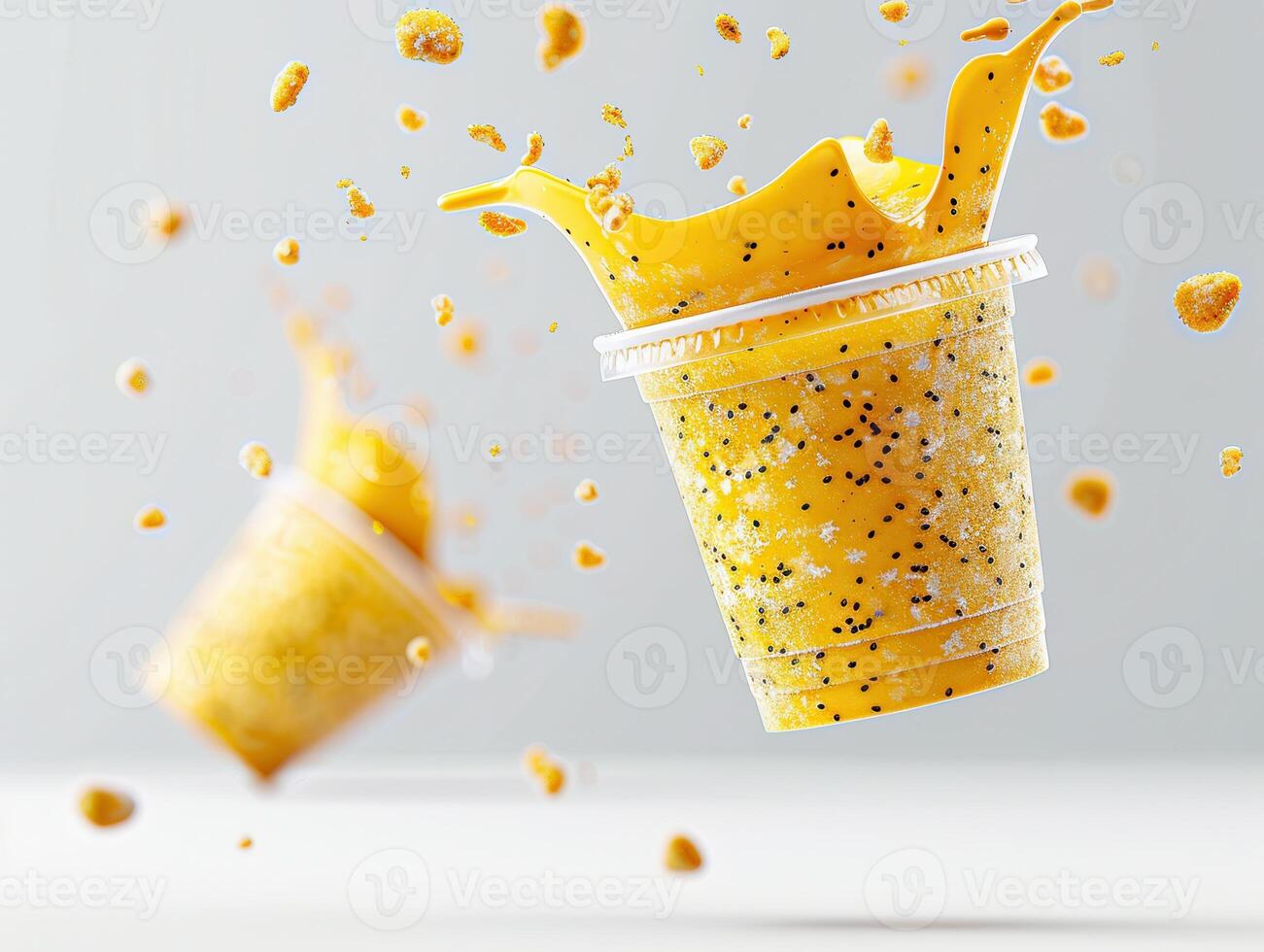 Dynamic splash of a fruity, vibrant smoothie with chia seeds in a plastic cup, capturing motion and freshness against a light background. photo