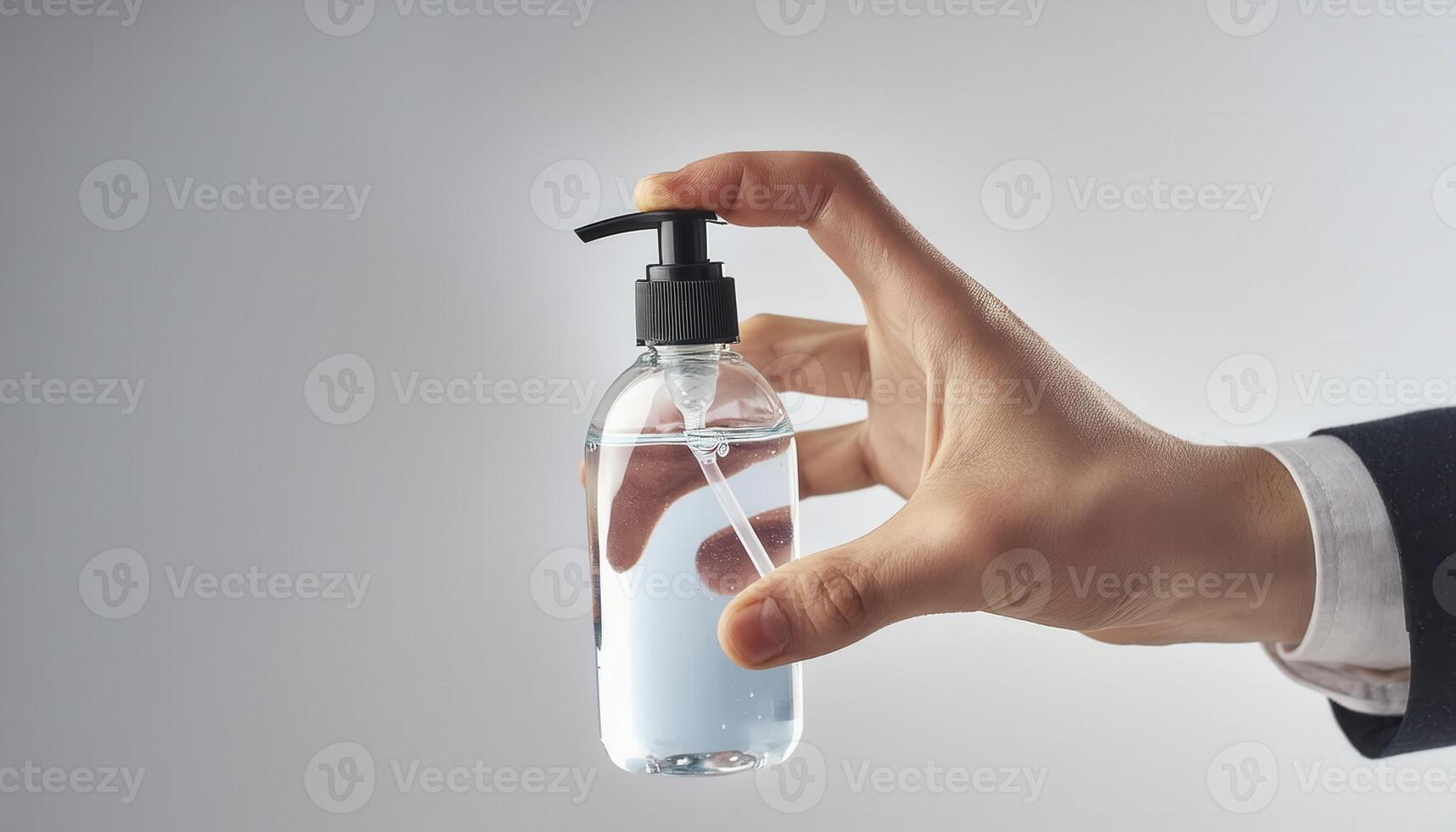 Hand holding a clear pump bottle of hand sanitizer against photo