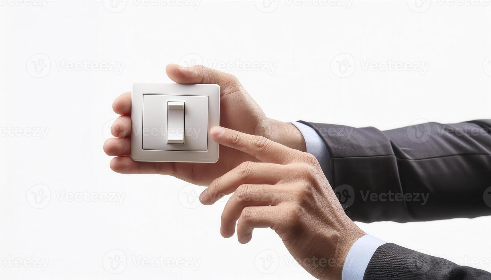 A person in a business suit turning on a light switch against a white background, highlighting energy conservation and professional office setting. photo