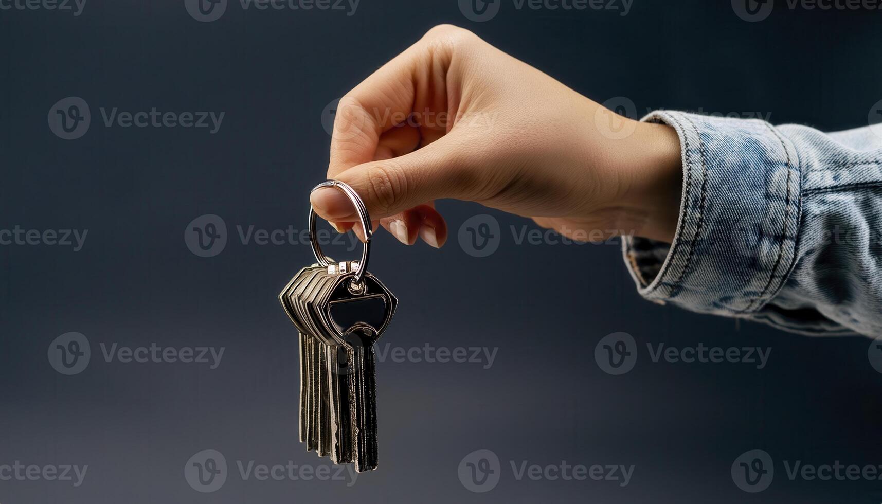 A hand holding a set of keys with a dark background, symbolizing security, ownership, or access for various places or objects. photo