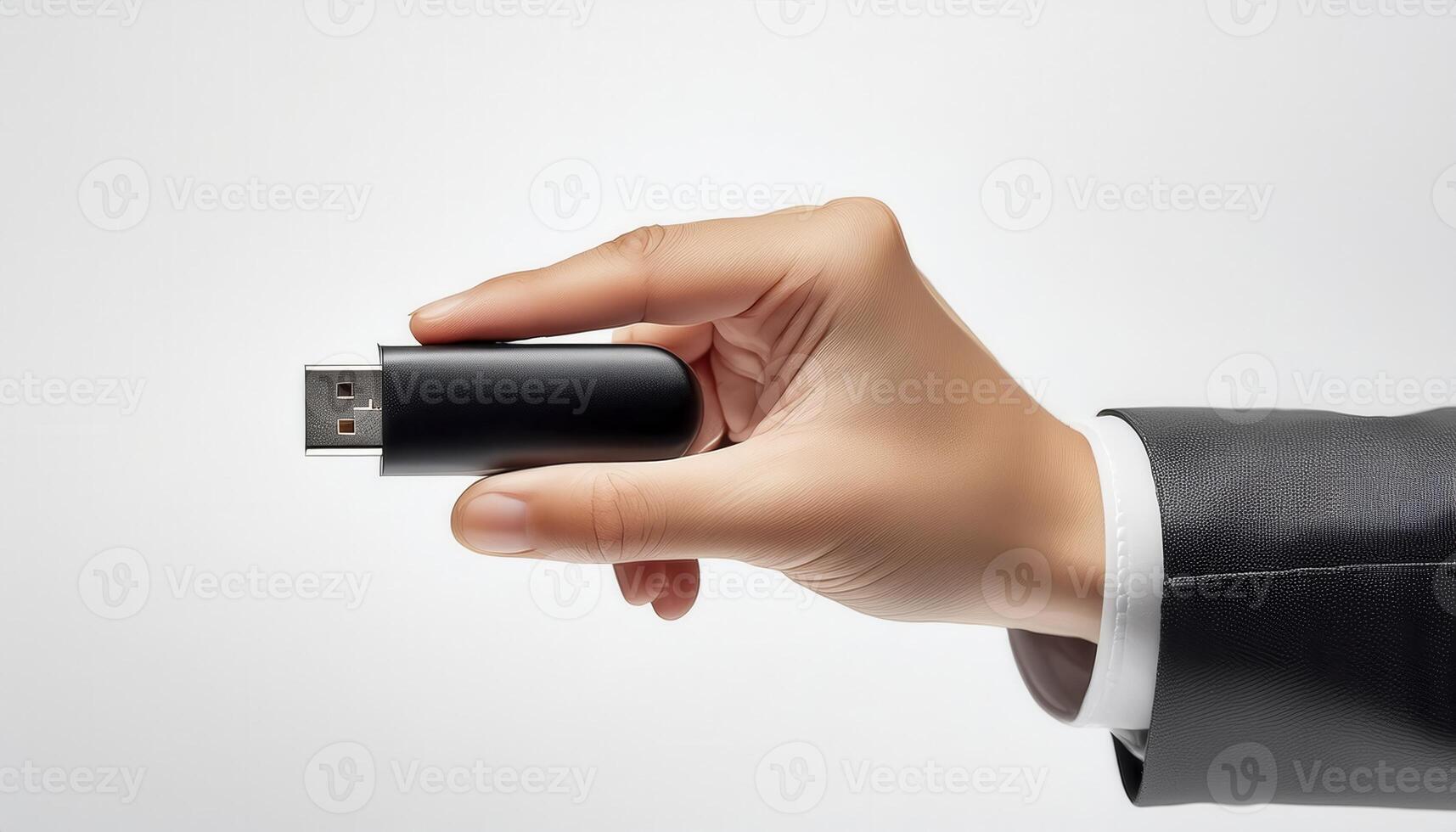 Hand holding a black USB flash drive on a white background, highlighting portable data storage and technology concepts. photo