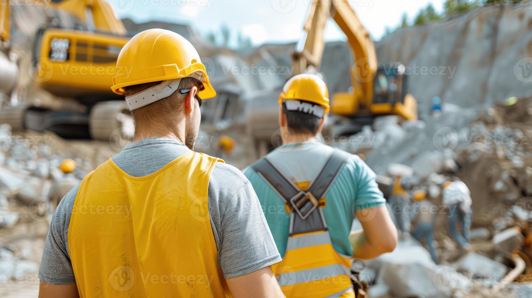Construction workers on-site wearing safety gear, overseeing excavation with heavy machinery in action on a bright day. photo