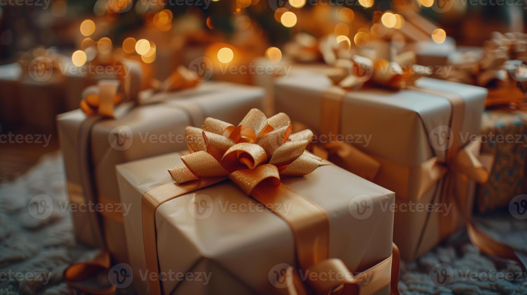Elegant gift boxes with golden ribbons under a Christmas tree with warm festive lights in the background. photo