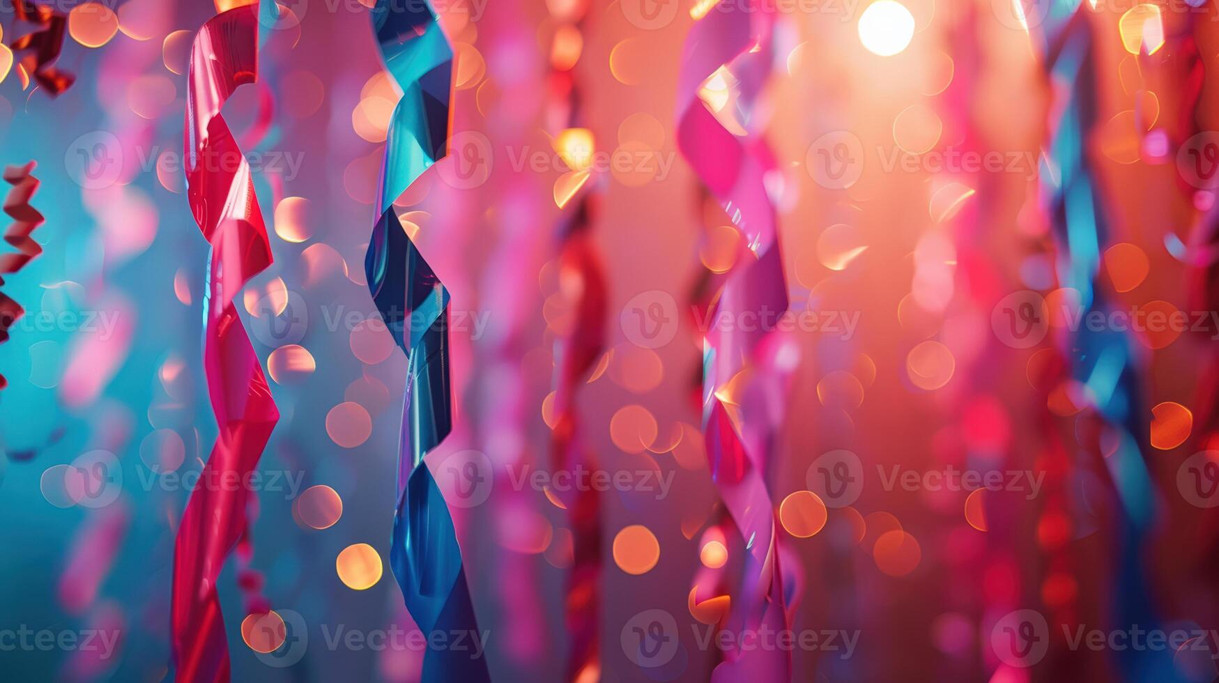 Colorful party streamers and sparkling lights create a festive atmosphere perfect for celebrations and joyful events. photo