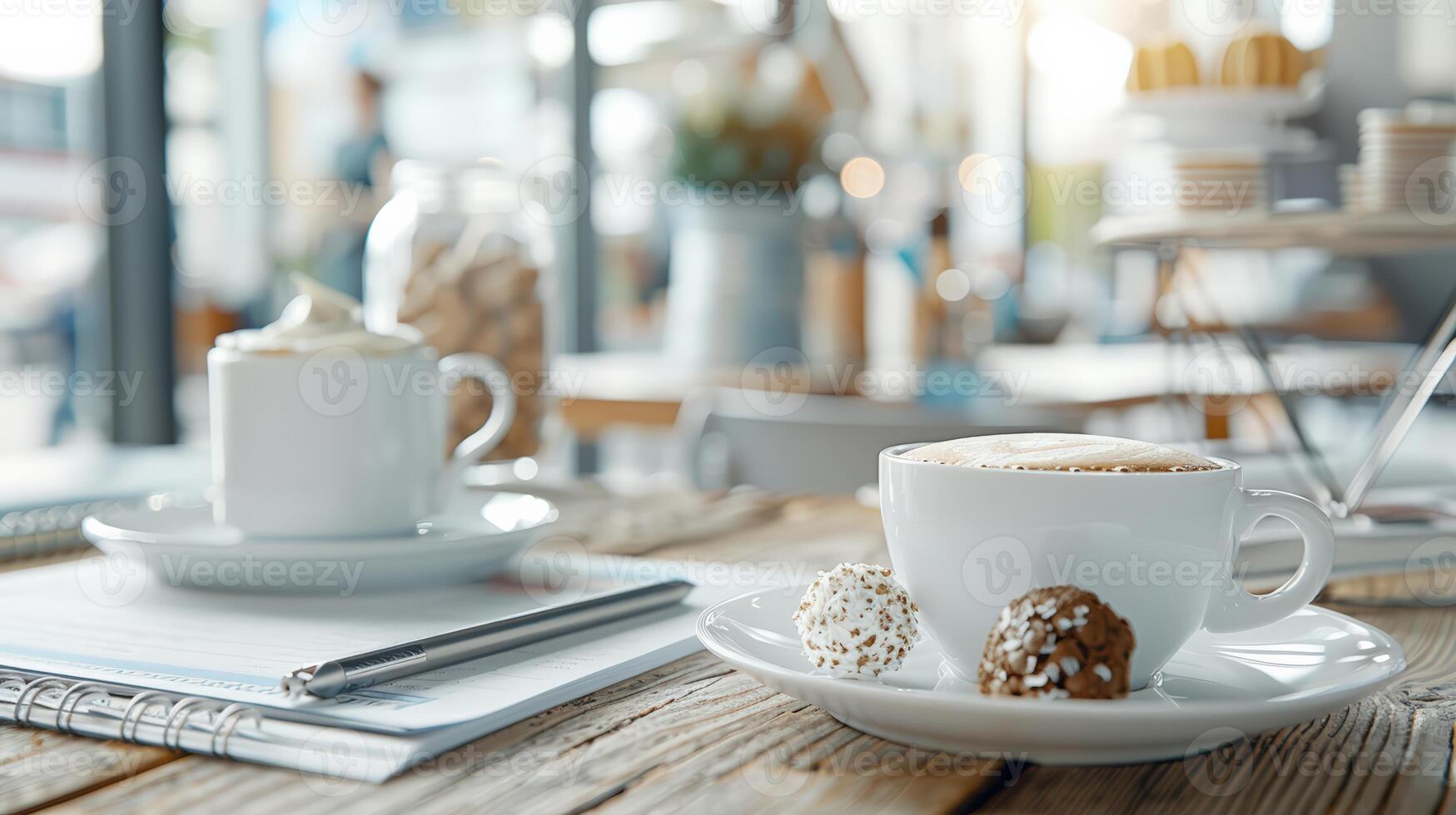 Cozy coffee shop setting with cappuccino cups, notebooks, and sweets on a rustic wooden table, perfect for a relaxing break. photo