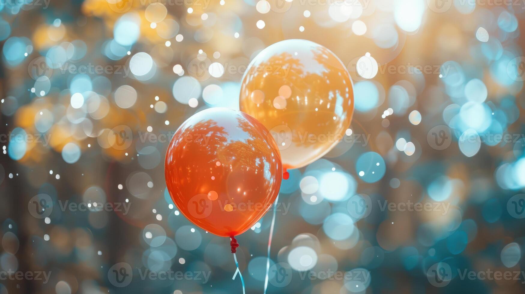 Vibrant orange and red balloons floating amidst beautiful bokeh lights, creating a festive and dreamy ambiance in the background. photo