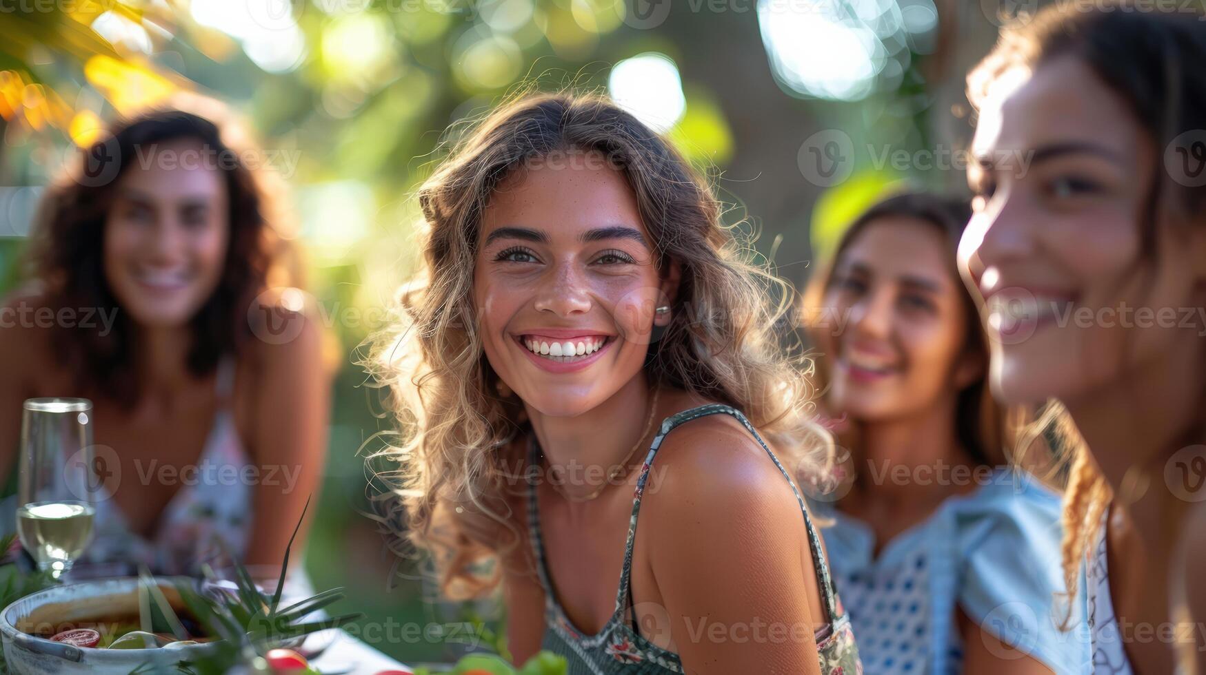 Group of happy friends enjoying an outdoor summer gathering, smiling and having fun together in a sunny garden setting. photo