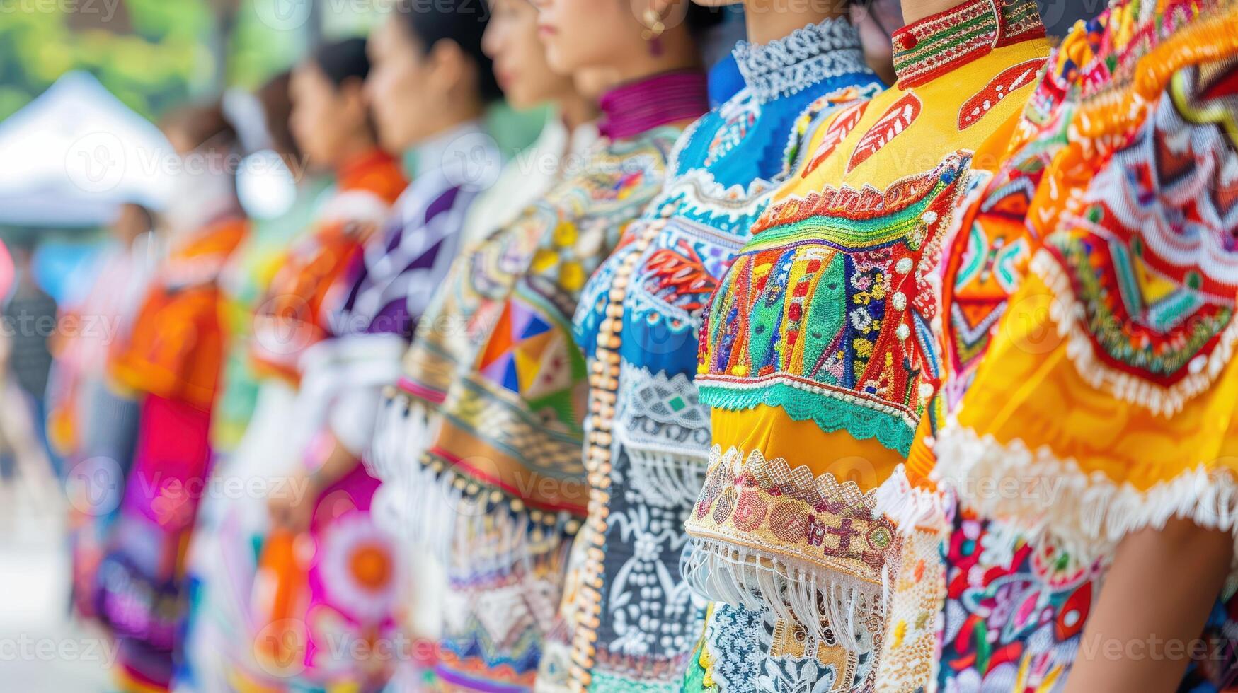 Colorful traditional dresses worn by a group of women standing in a row, showcasing intricate patterns and cultural heritage. photo