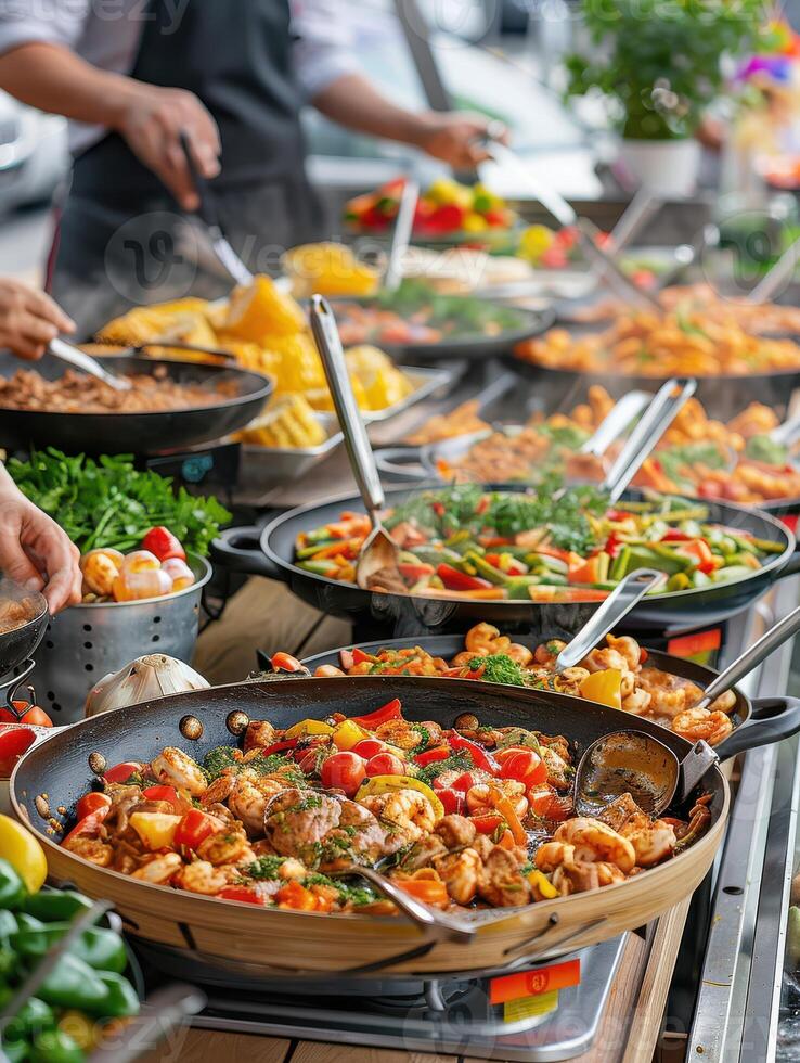 A vibrant buffet of delicious, colorful dishes being served at an outdoor event, showcasing a variety of fresh ingredients and culinary skills. photo