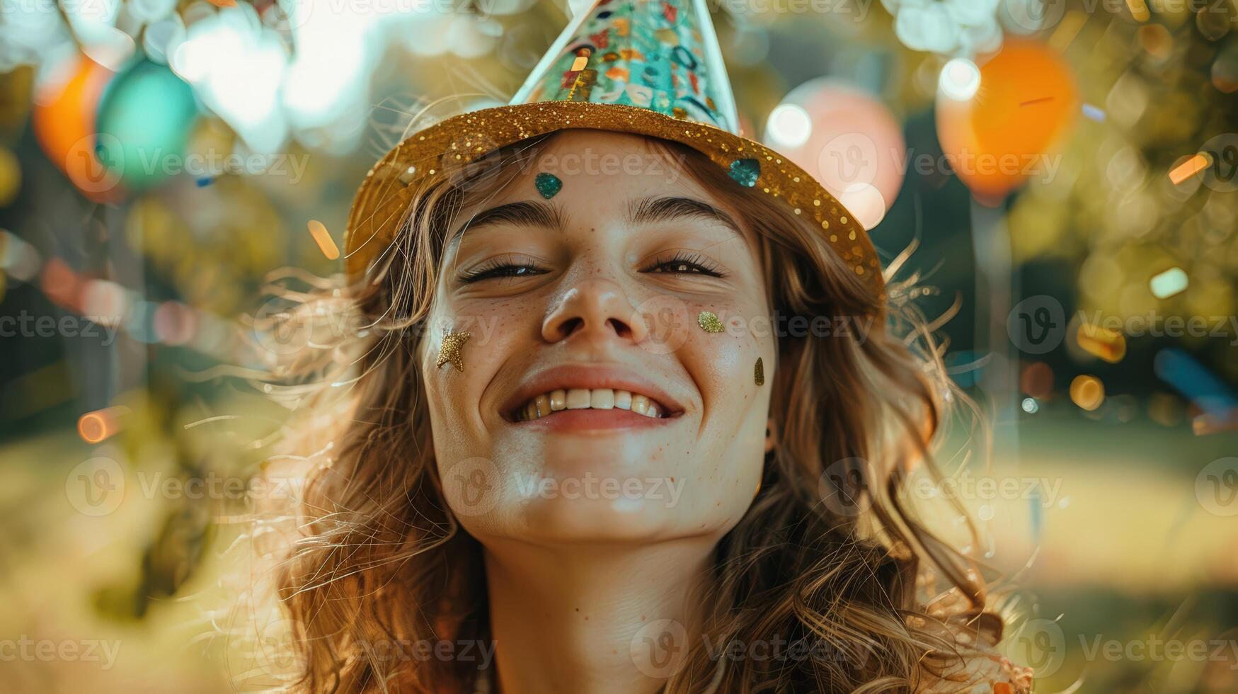 Happy woman in a party hat enjoying celebration outdoors with colorful balloons and confetti in the background. photo