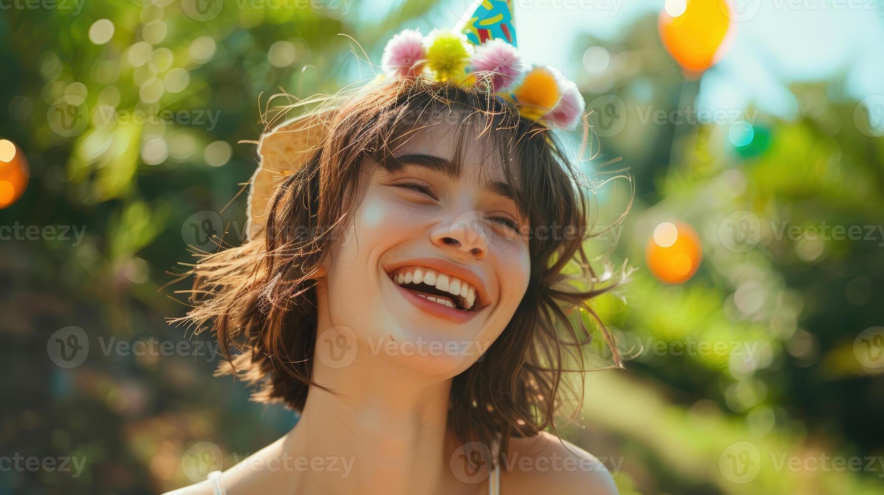 Joyful young woman with a party hat, laughing outdoors on a sunny day with balloons in the background. photo