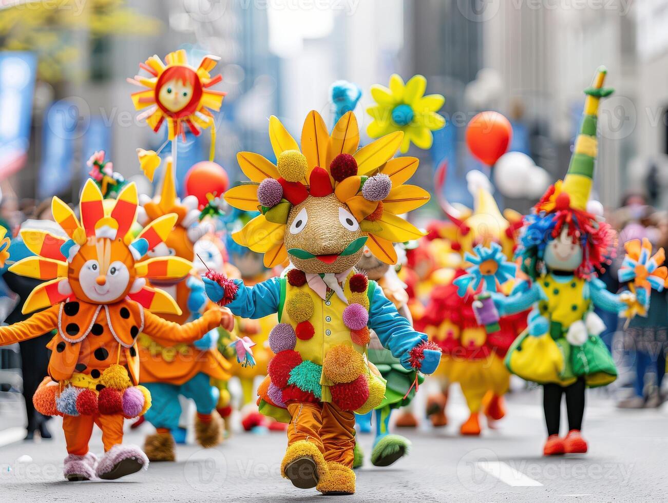Colorful street parade featuring people in vibrant costumes with flower and sun themes, bringing joy and celebration to the city streets. photo