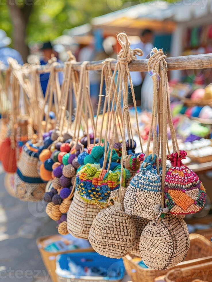 Colorful handmade woven bags hanging at an outdoor market, showcasing intricate craftsmanship and vibrant designs on a sunny day. photo