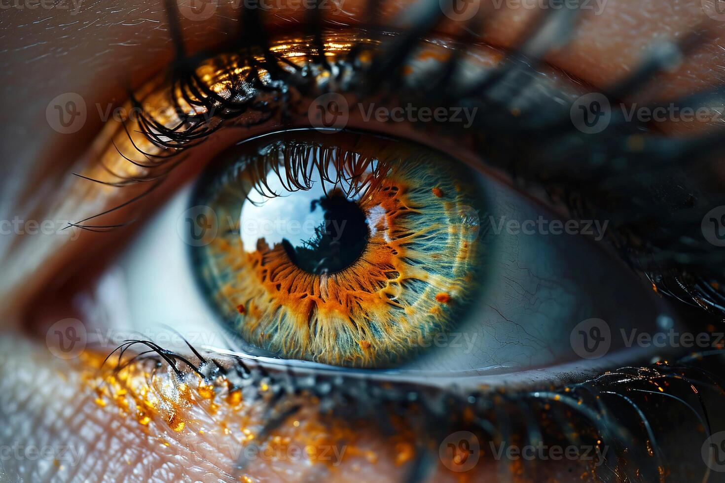Female eye close-up macro, blue color, fiery cornea of the pupil. Healthy fantasy vision. photo