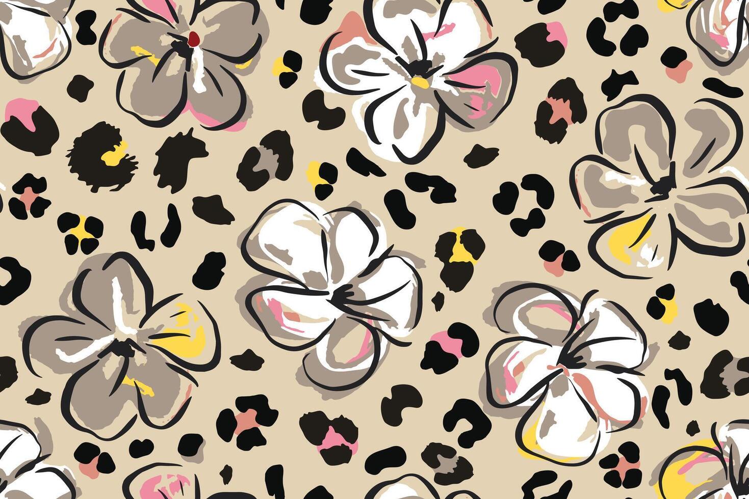 Abstract hand drawn flowers and leopard skin texture seamless pattern background vector