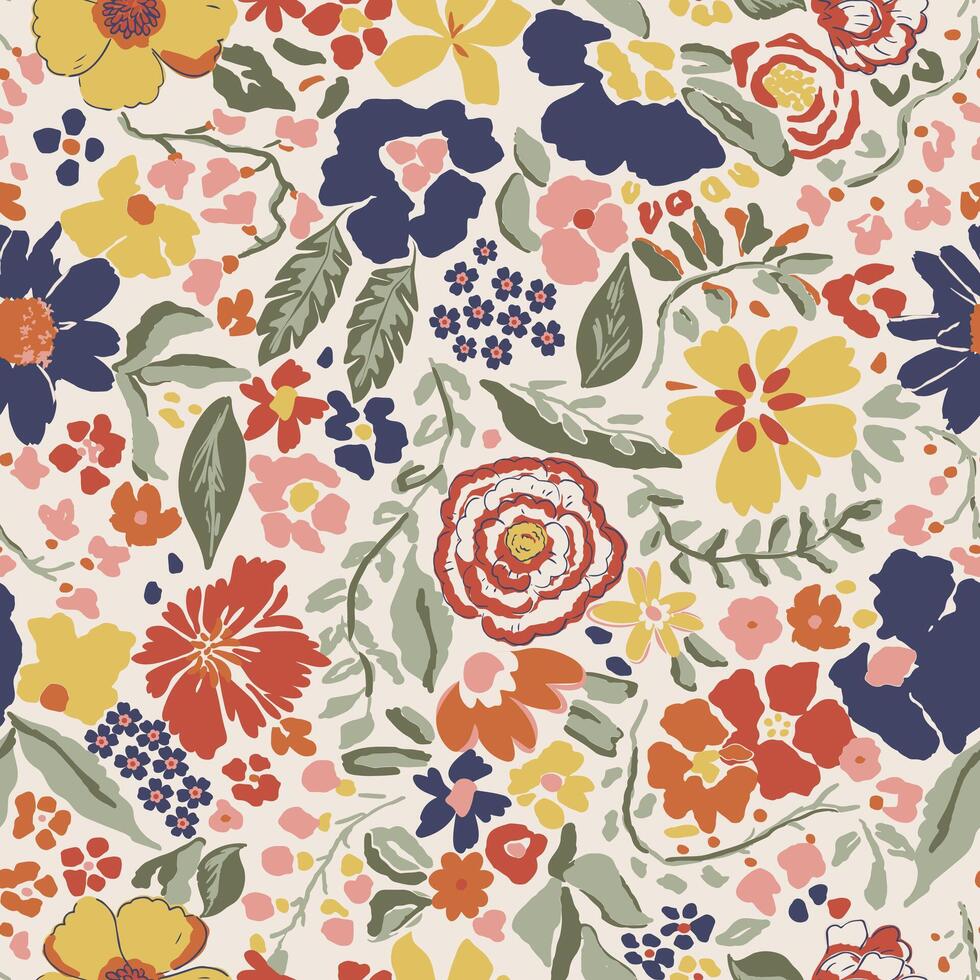 Colorful nostalgic hand drawn vibrant bold flower seamless pattern background surface artwork vector