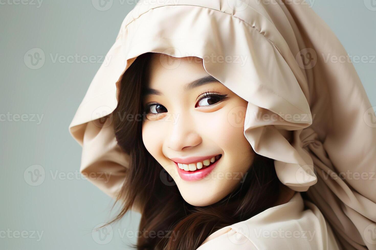 Young Asian woman happy in love close-up, gray uniform background. . photo