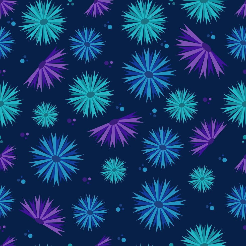 Simple floral pattern of blue and purple cornflowers on dark blue background. Seamless pattern. vector