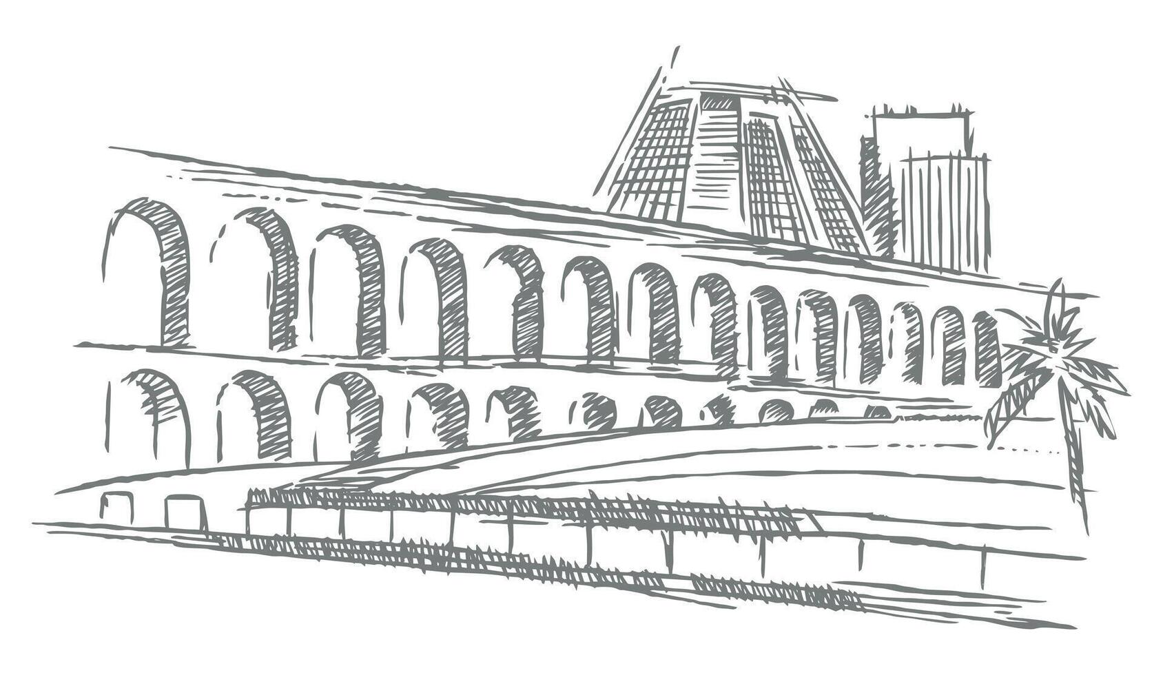 Urban landscape illustration of the city of Rio de Janeiro. Art in stripped-down lines in a sketch style. vector