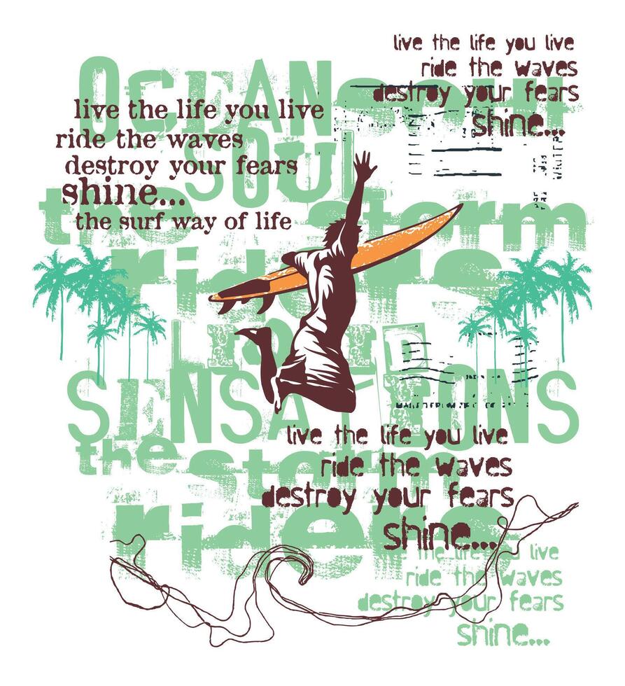 Surfer silhouette illustration jumping in composition with worn lettering in the background. vector
