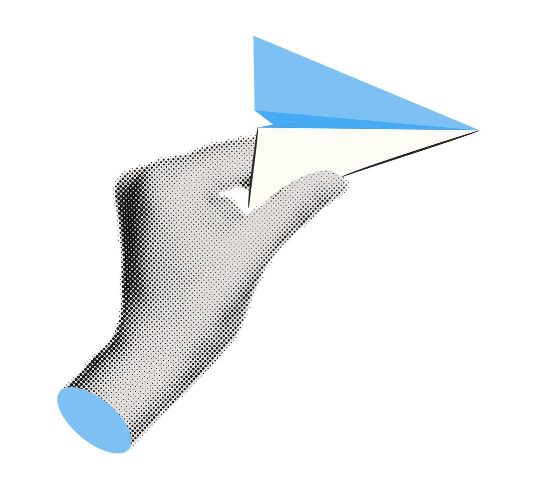Halftone hand holding paper airplane collage illustration vector