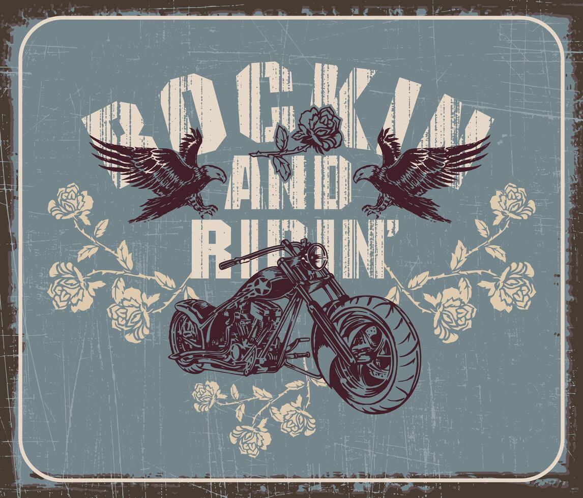 Illustration of lettering composition and old motorcycle. Retro style art. vector