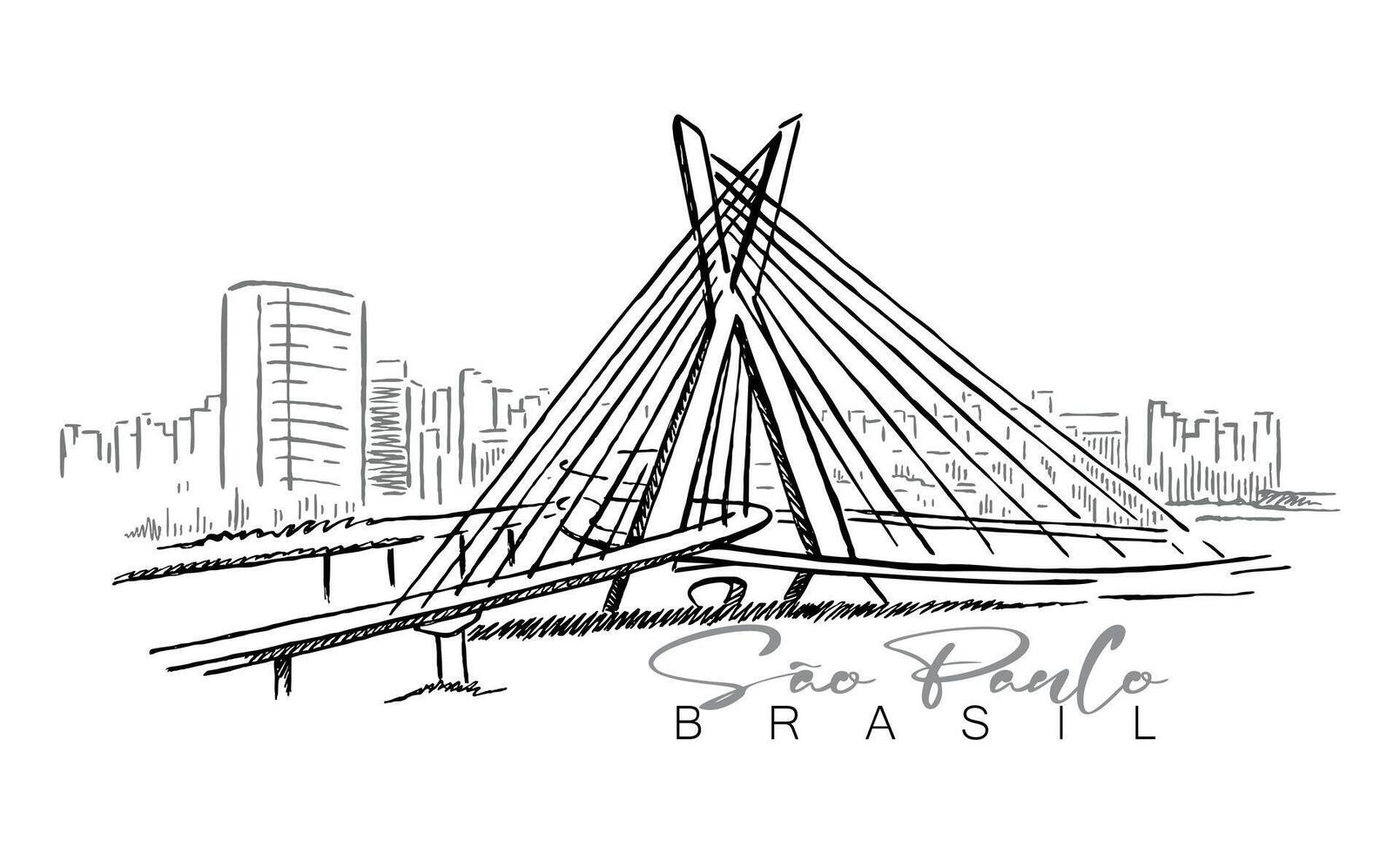 Illustration with simple, laid-back lines of the urban landscape of the city of Sao Paulo, Brazil. Art with a view of the Estaiada bridge with buildings in the background. vector