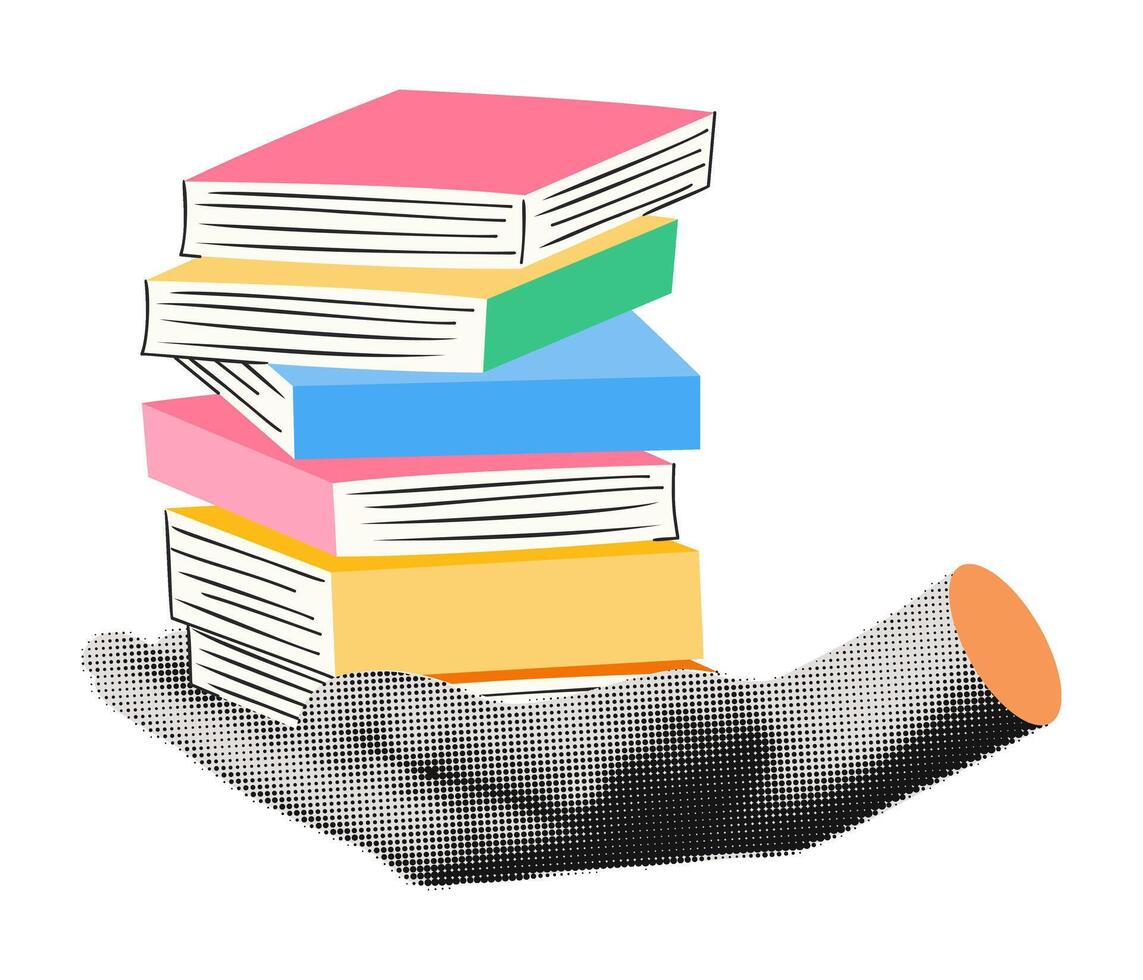 Halftone hand holding stack of books collage illustration vector