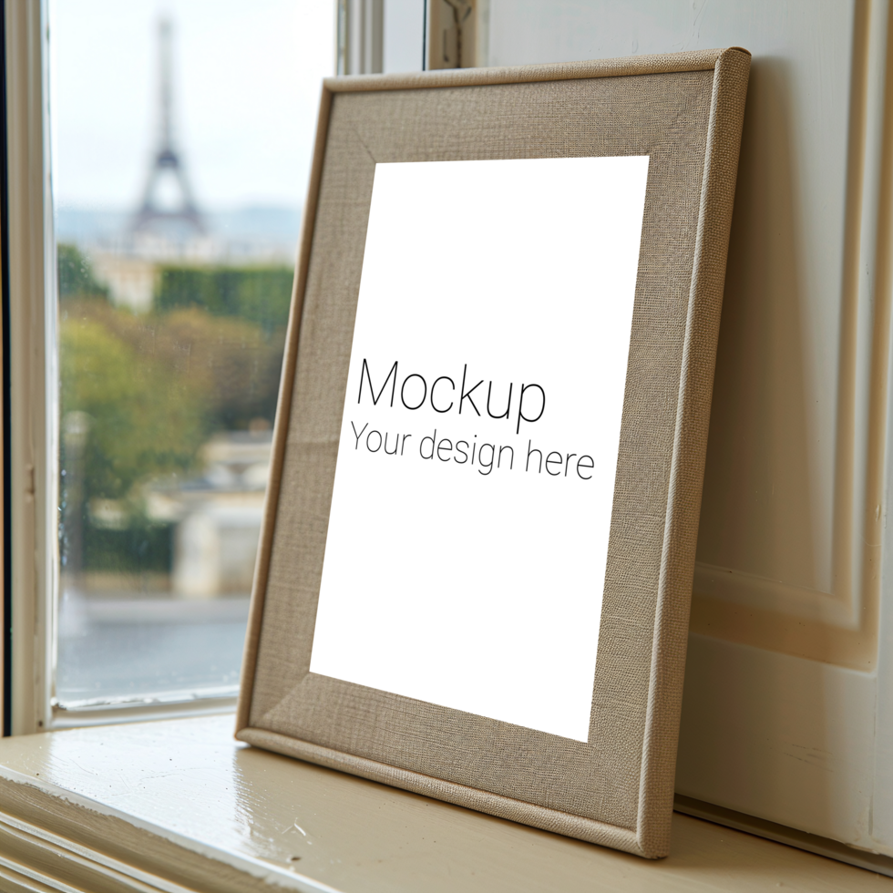 Mockup of beige frame in isometric style on window psd