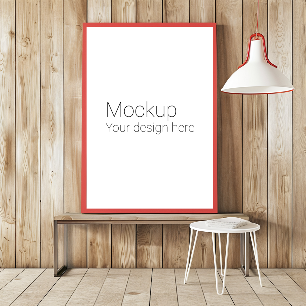 Mockup of red frame on light wood living room table psd