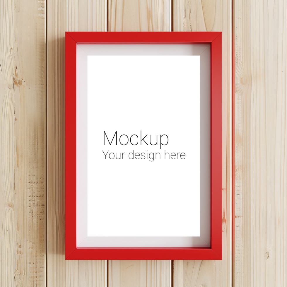 Mockup of red frame on wall in light wood room psd
