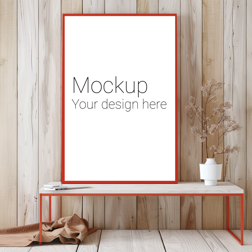 Mockup of red frame on light wood living room table psd