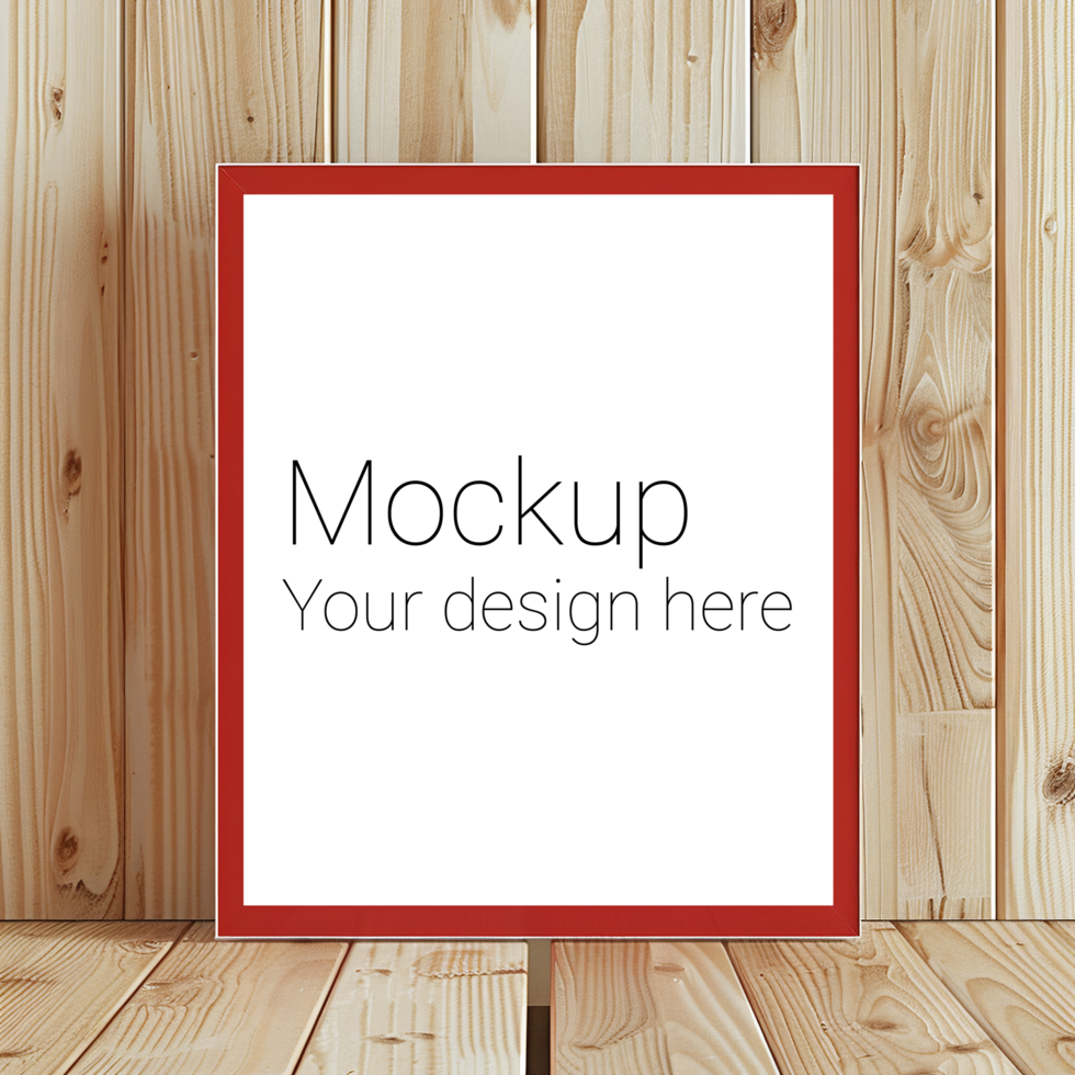 Mockup of red frame on shelf in light wood room psd