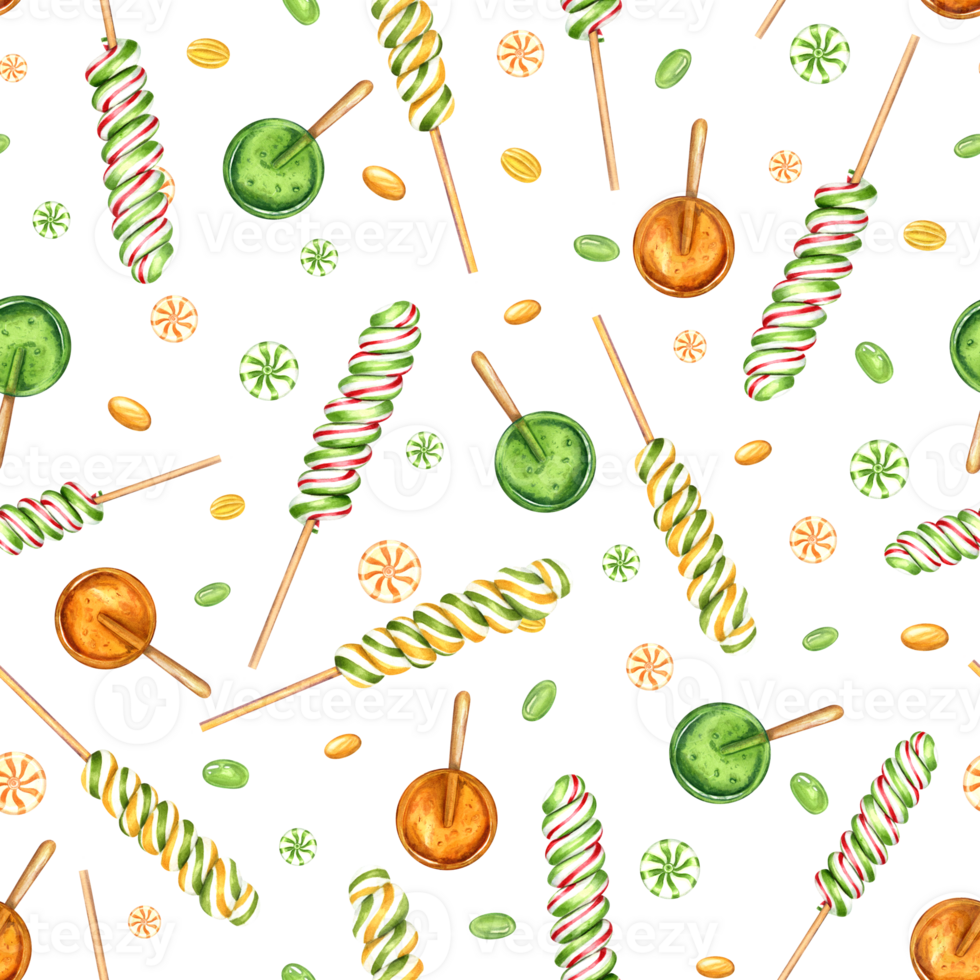 Spiral lollipops and round fruit candies. Seamless pattern. Bonbons, striped swirls, sugar caramel on stick. Watercolor illustration. Delicious ornament for textiles, stationery, scrapbook png
