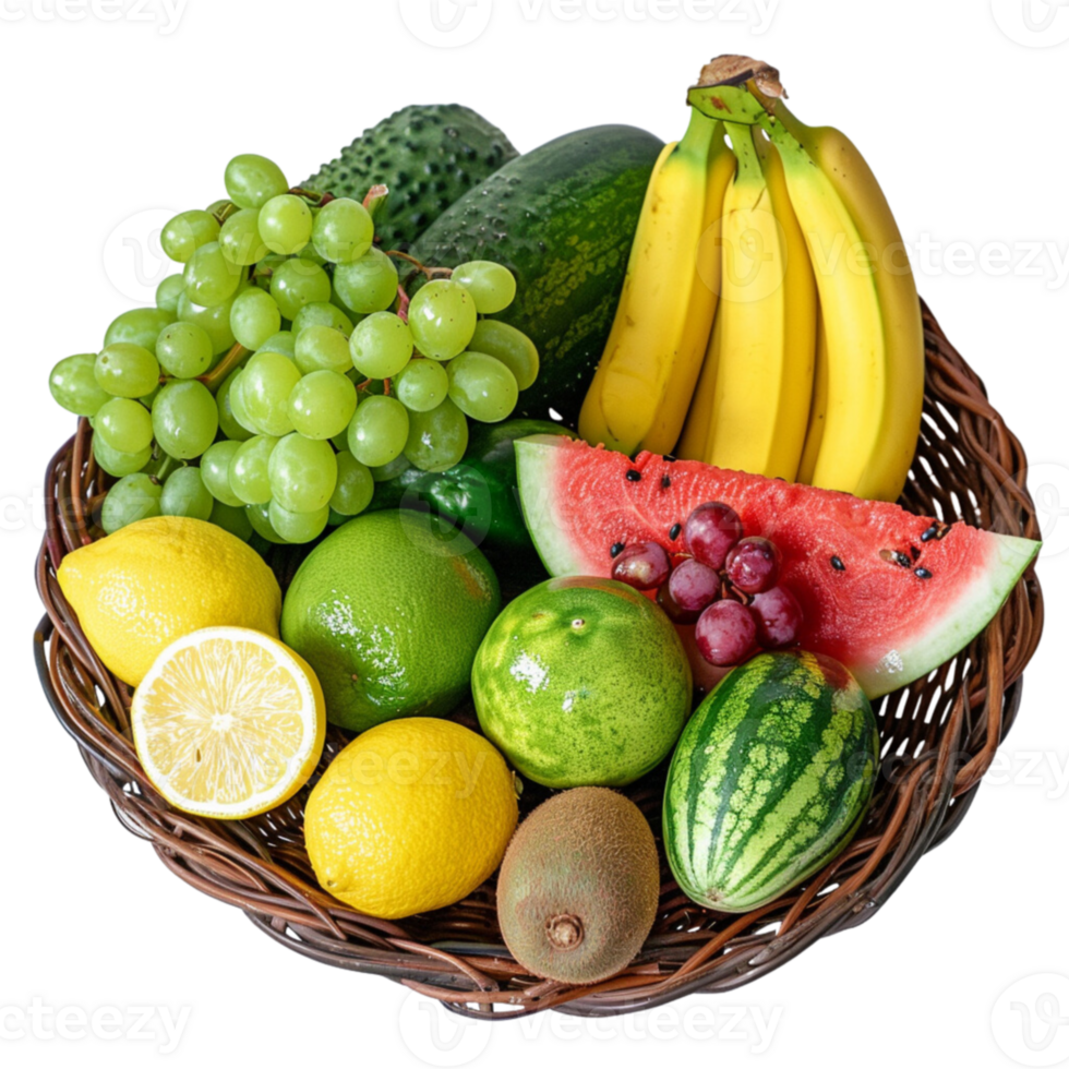A basket of fruits, banana, green grapes, lichi, lemon, cucumber png