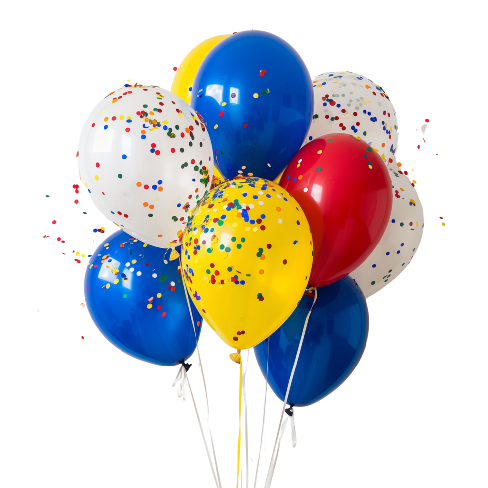 Blue, yellow, red and white balloon with confetti, a bunch of balloons png