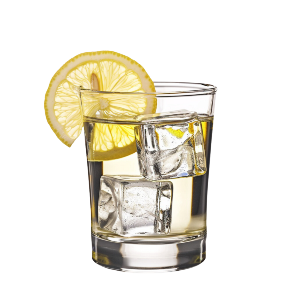 A glass of vodka with a slice of lemon, ice cube on the glass on a transparent background png